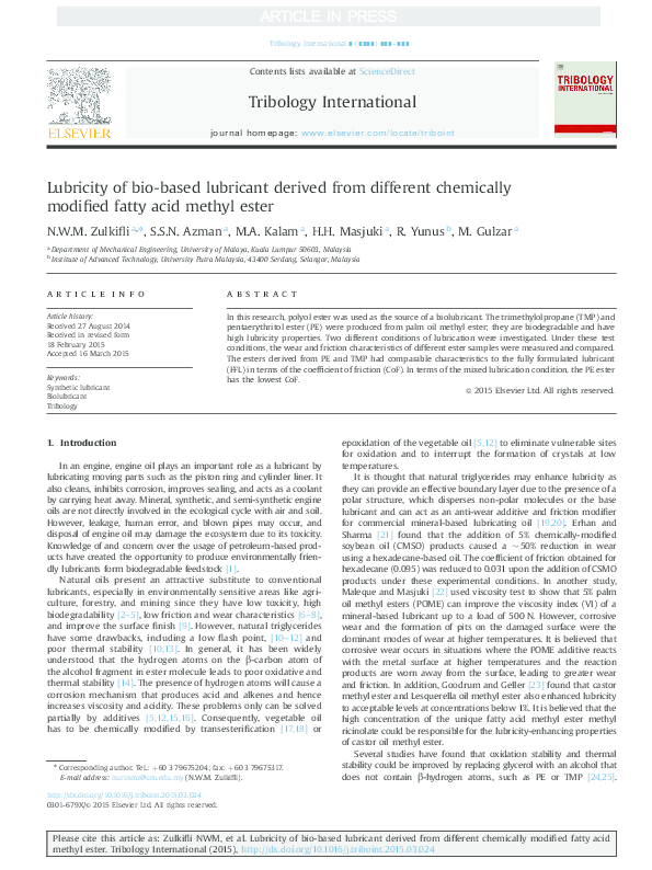 (PDF) Lubricity of biobased lubricant derived from different