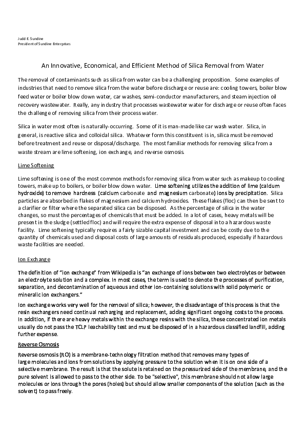Pdf Judd E Sundine President Of Sundine Enterprises An Innovative Economical And Efficient Method Of Silica Removal From Water Judd Sundine Academia Edu