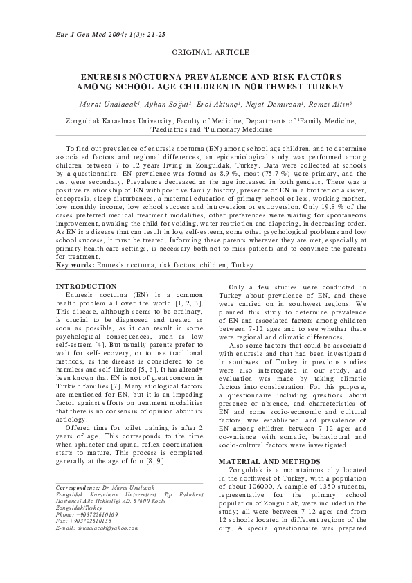 (PDF) ENURESIS NOCTURNA PREVALENCE AND RISK FACTORS AMONG SCHOOL AGE