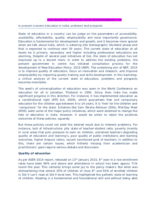 (DOC) In present scenario Education in India: problems and prospects