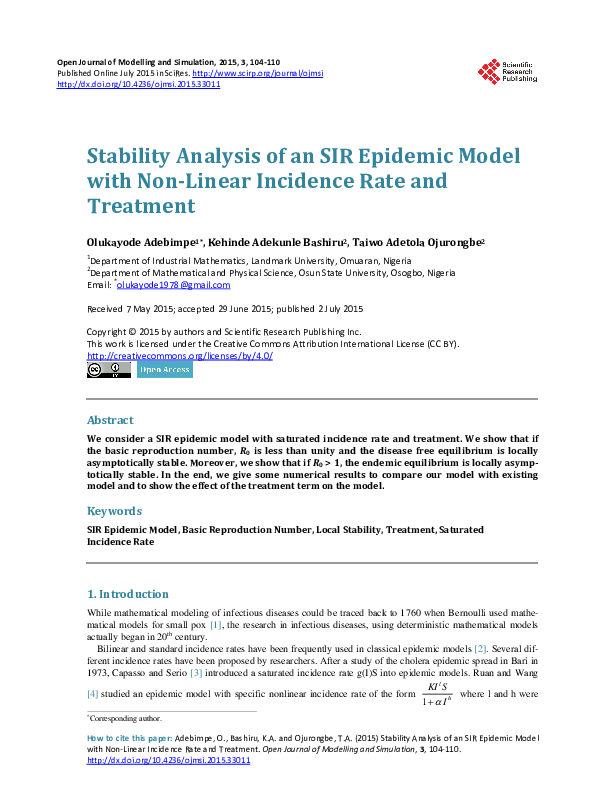 (PDF) Stability Analysis of an SIR Epidemic Model with Non-Linear ...