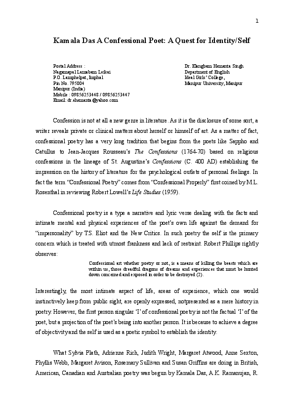 (DOC) Kamala Das A Confessional Poet A Quest for Identity/Self