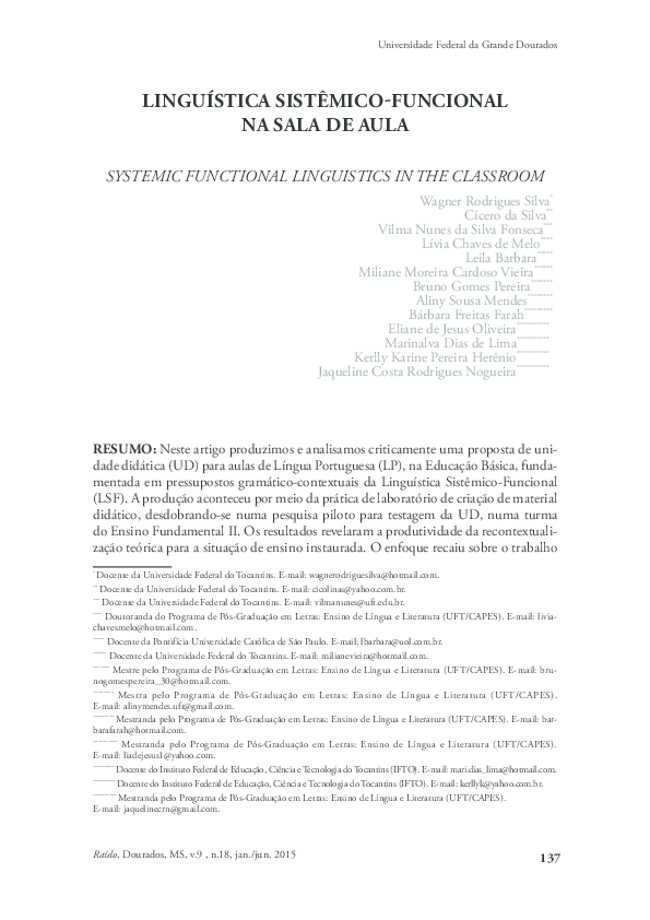 (PDF) SYSTEMIC FUNCTIONAL LINGUISTICS IN THE CLASSROOM