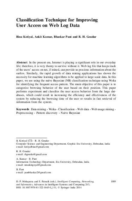 (PDF) Classification Technique for Improving User Access on Web Log Data
