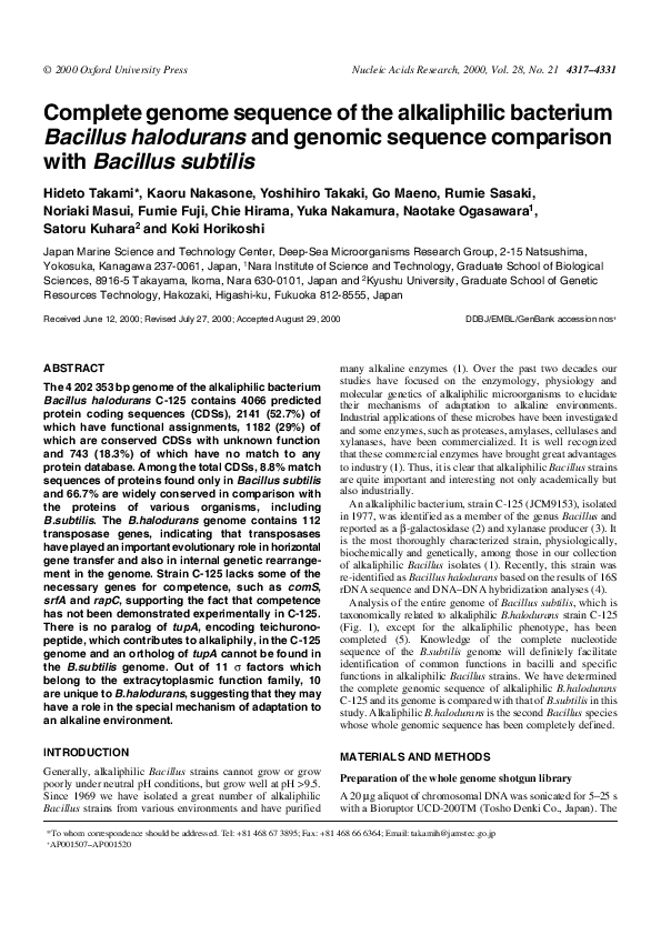 (PDF) Complete genome sequence of the alkaliphilic bacterium Bacillus ...