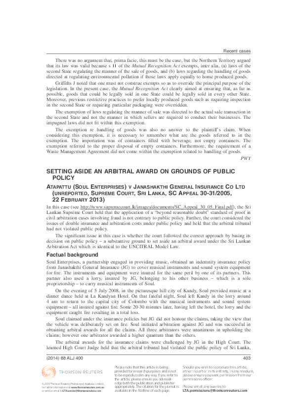(PDF) SETTING ASIDE AN ARBITRAL AWARD ON GROUNDS OF PUBLIC POLICY ...