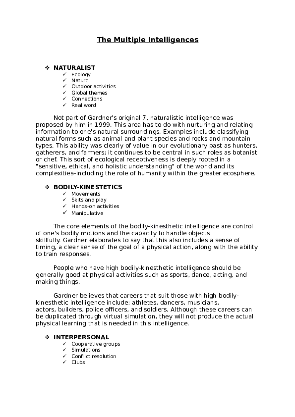 (DOC) The Multiple Intelligence by Howard Gardner