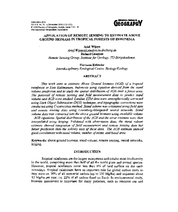 (PDF) APPLICATION OF REMOTE SENSING TO ESTIMATE ABOVE GROUND BIOMASS IN ...
