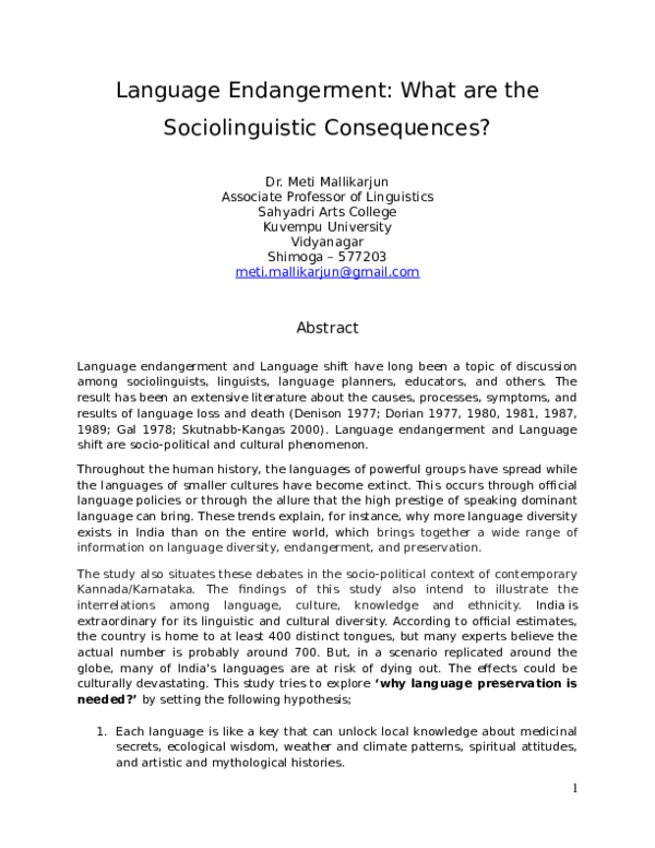 (DOC) Language Endangerment: What are the Sociolinguistic Consequences?