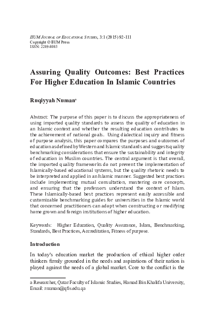 (PDF) Assuring Quality Outcomes: Best Practices For Higher Education In ...