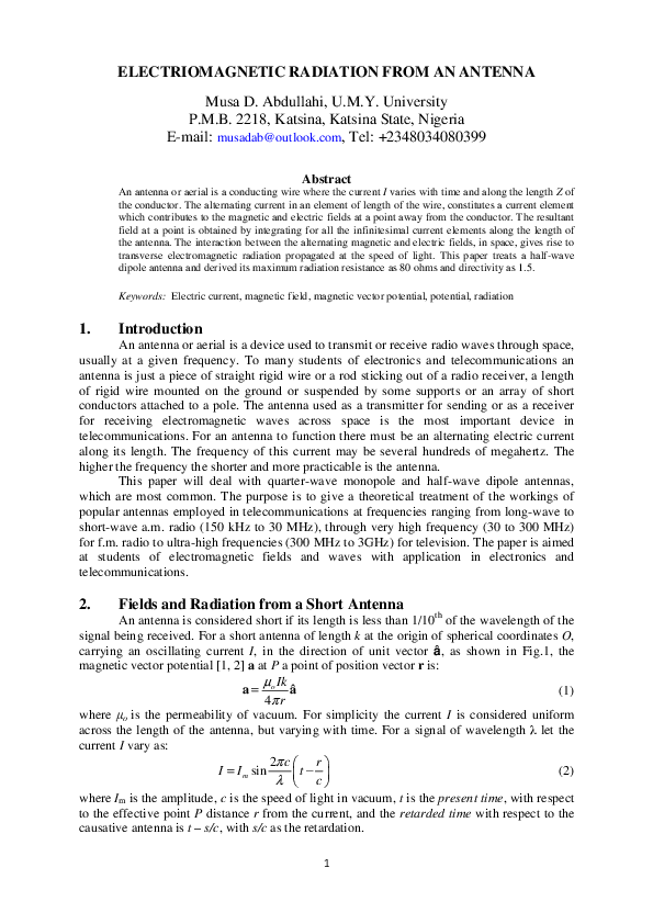 (PDF) Electromagnetic Radiation from an Antenna
