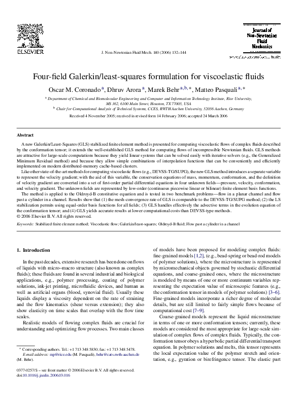 (PDF) Four-field Galerkin/least-squares formulation for viscoelastic fluids