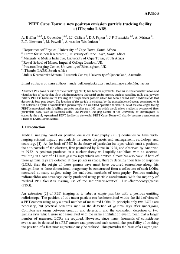(PDF) PEPT Cape Town: a new positron emission particle tracking ...