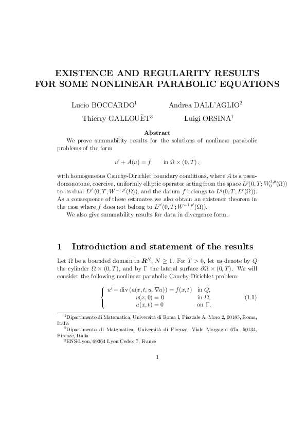 (PDF) EXISTENCE AND REGULARITY RESULTS FOR SOME NONLINEAR PARABOLIC ...