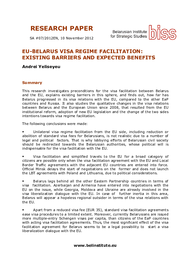 EU Belarus Visa Facilitation Existing Barriers And Expected Benefits Andrei Yeliseyeu 