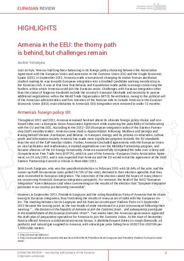 Armenia in the Eurasian Economic Union: Thorny path left behind, but ...