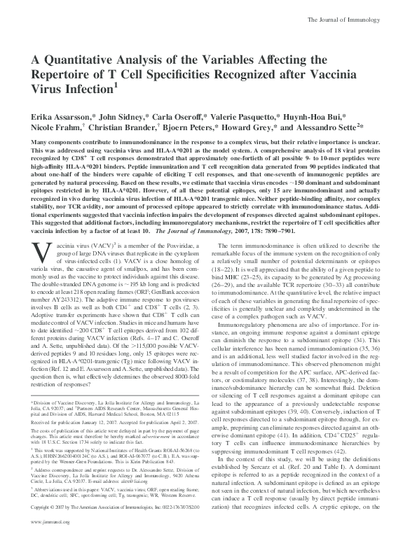 (PDF) Vaccinia Virus Infection T Cell Specificities Recognized after ...