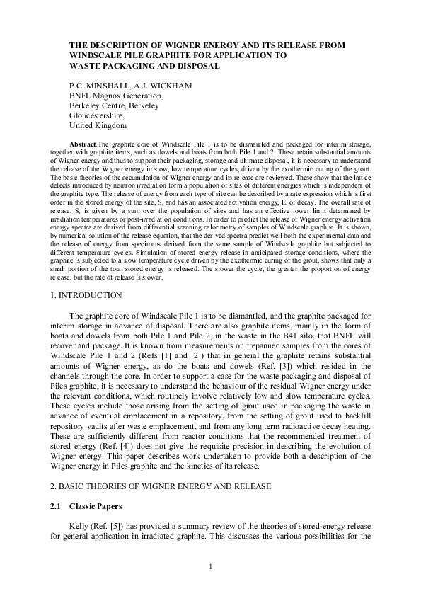 (PDF) THE DESCRIPTION OF WIGNER ENERGY AND ITS RELEASE FROM WINDSCALE ...
