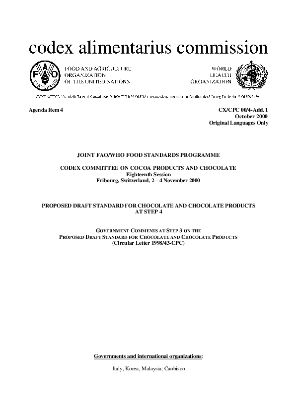 (PDF) PROPOSED DRAFT STANDARD FOR CHOCOLATE AND CHOCOLATE PRODUCTS