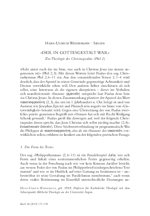 (PDF) The Christ Hymn in Philippians 2:6-11 (German) | Hans-Ulrich ...