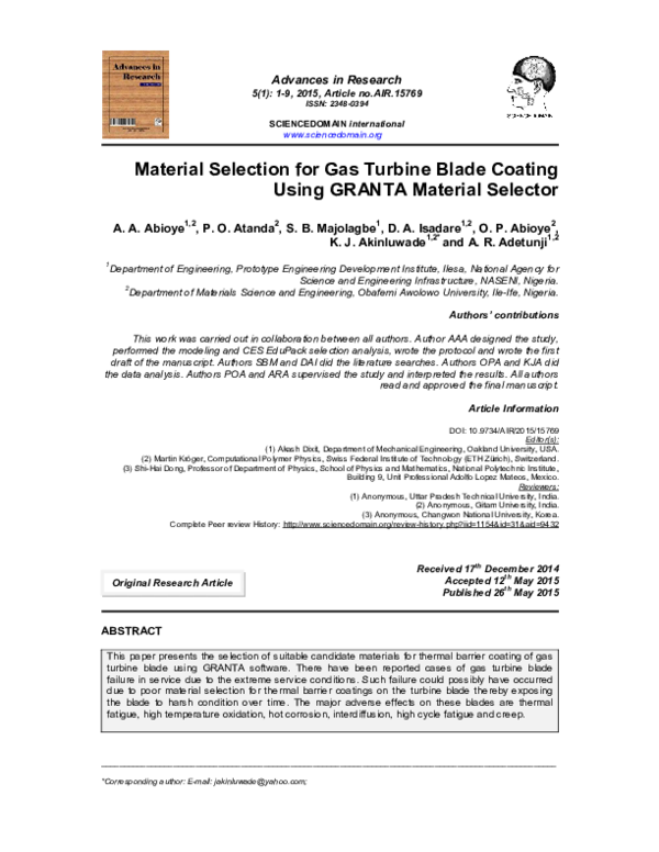 (PDF) Material Selection for Gas Turbine Blade Coating using Granta ...