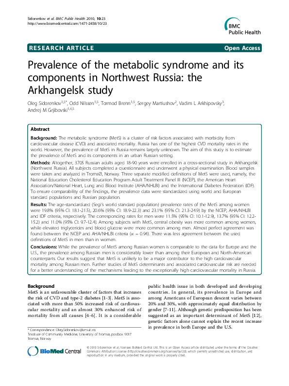 (PDF) Prevalence of the metabolic syndrome and its components in ...