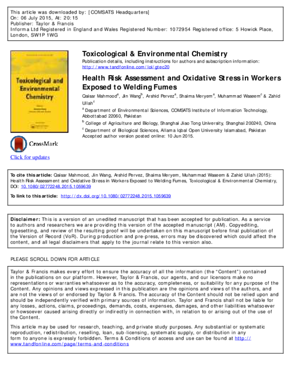 (PDF) Health Risk Assessment and Oxidative Stress in Workers Exposed to