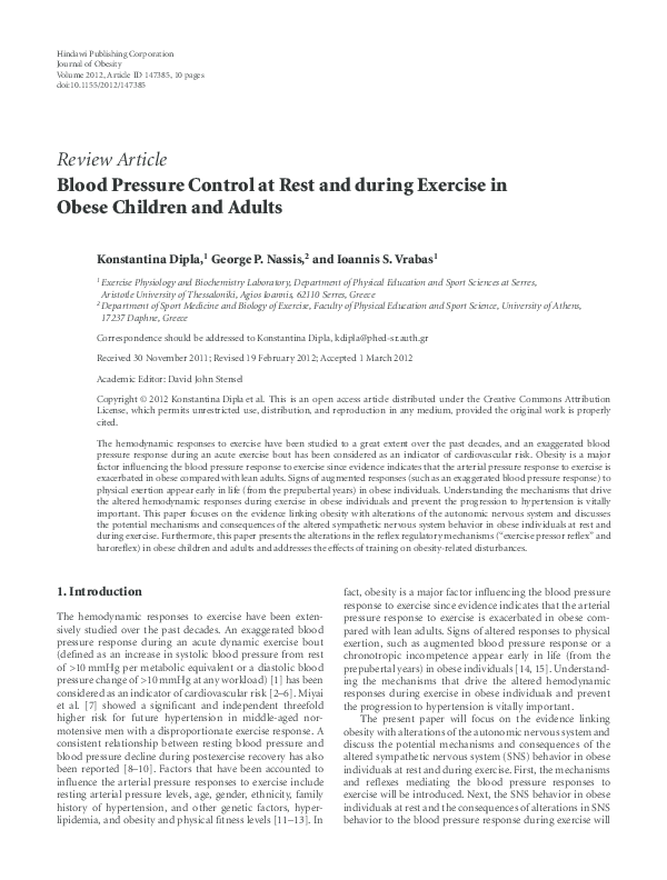(PDF) Blood Pressure Control at Rest and during Exercise in Obese ...