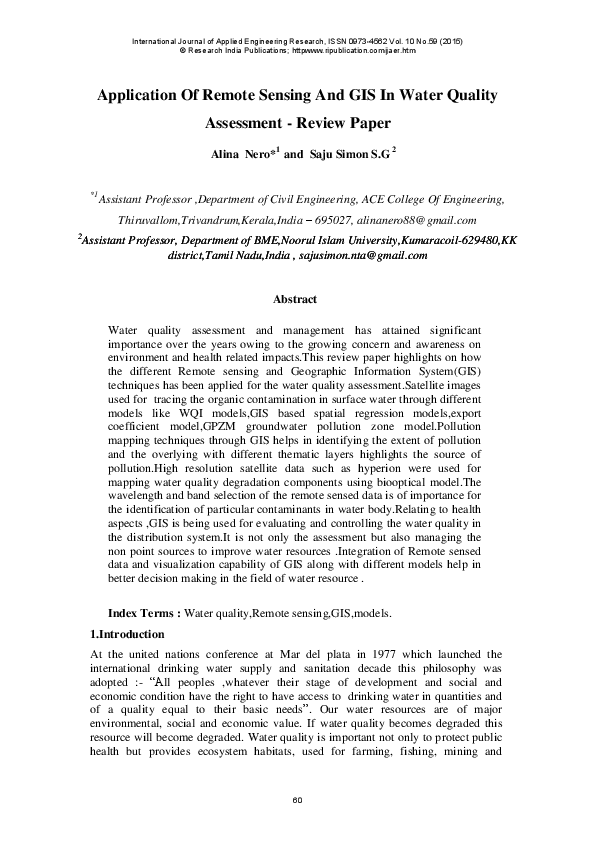 Pdf Application Of Remote Sensing And Gis In Water Quality Assessment Review Paper Pdf Application Of Remote Sensing And Gis In Water Quality Assessment Review Paper
