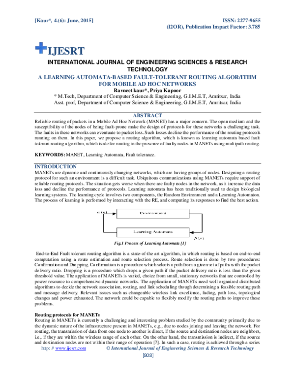 (PDF) A LEARNING AUTOMATA - BASED FAULT - TOLERANT ROUTING ALGOR / ITHM ...