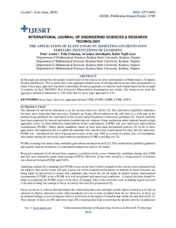 (PDF) THE APPLICATION OF FUZZY LOGIC IN ADMITTING STUDENTS INTO ...