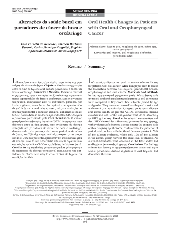 (PDF) Oral Health Changes in Patients with Oral and Oropharyngeal Cancer