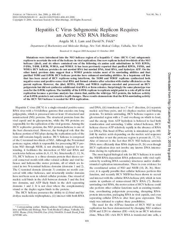 (PDF) Hepatitis C Virus Subgenomic Replicon Requires an Active NS3 RNA ...