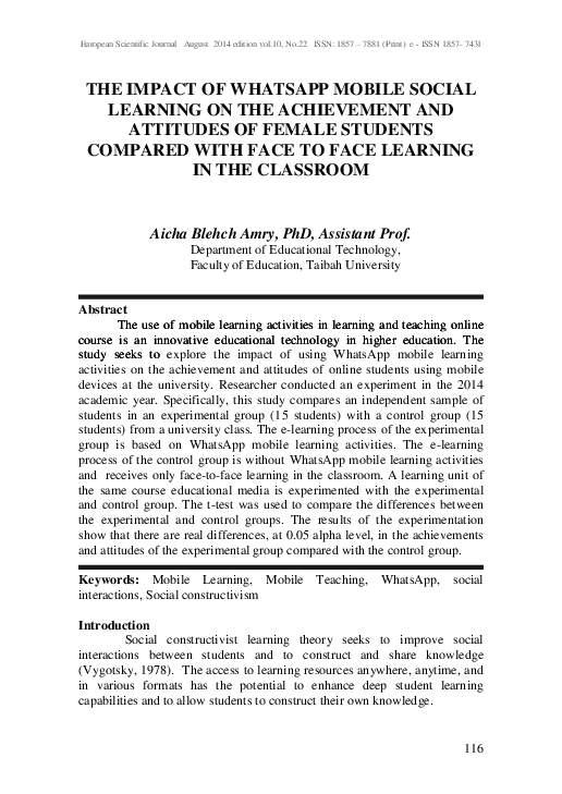 (PDF) THE IMPACT OF WHATSAPP MOBILE SOCIAL LEARNING ON THE ACHIEVEMENT ...