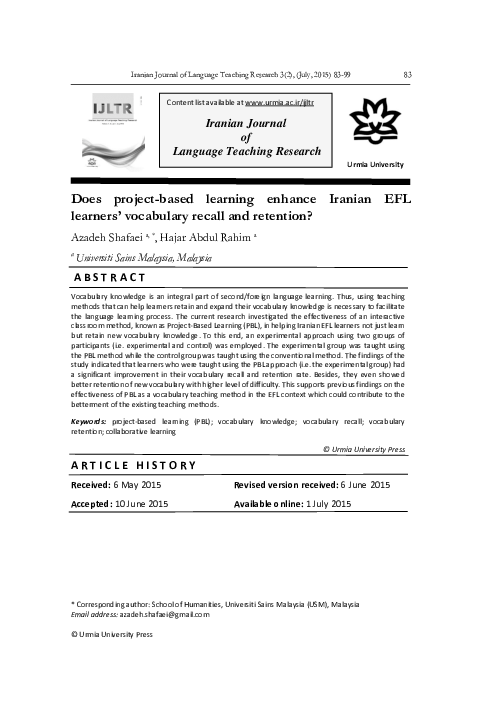 (PDF) Does project-based learning enhance Iranian EFL learners ...