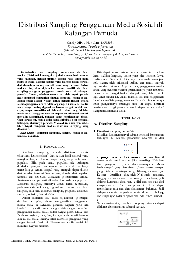 Distribusi Sampling Penggunaan Media Sosial Di Kalangan Pemuda Candy Lim Academia Edu