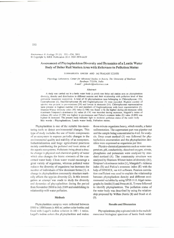 (PDF) Assessment of Phytoplankton Diversity and Dynamics of a Lentic ...
