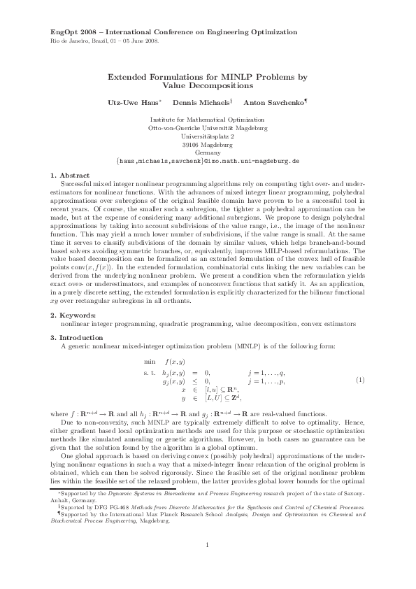 (PDF) Extended Formulations for MINLP Problems by Value Decompositions