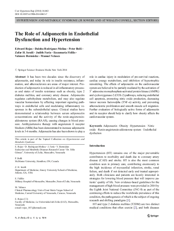(PDF) The Role of Adiponectin in Endothelial Dysfunction and Hypertension