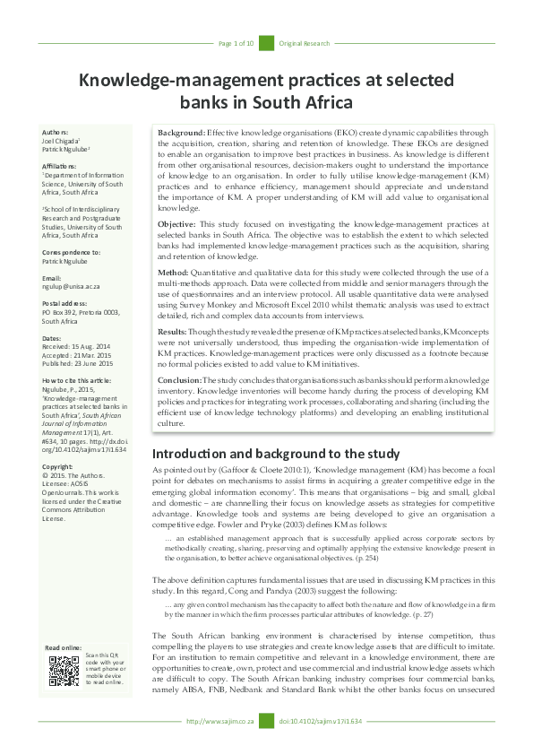 Pdf Km Practices At Selected Banks In South Africa Patrick Ngulube And Joel Chigada Academia Edu pdf km practices at selected banks in