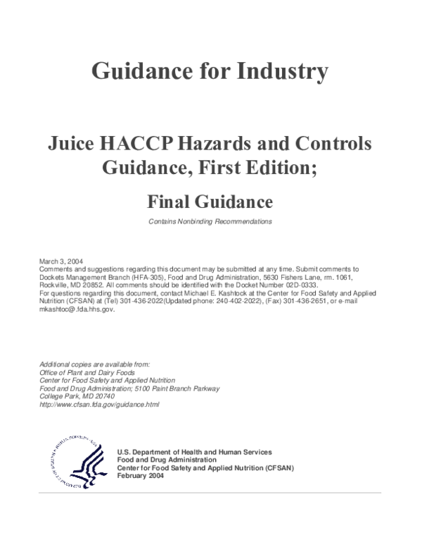 (PDF) FDA Final Guidance on Juice HACCP Hazards and Control Rocio