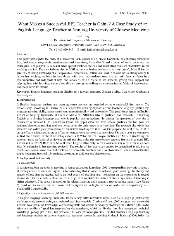 (PDF) What Makes a Successful EFL Teacher in China? A Case Study of an English Language Teacher