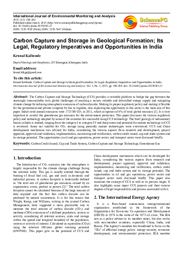 (PDF) Carbon Capture and Storage in geological formation; its
