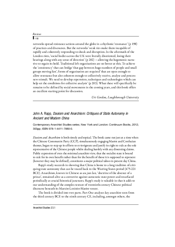 (PDF) Review of John Rapp, Daoism and Anarchism: Critiques of State ...