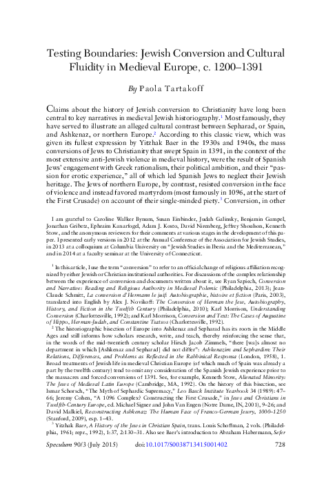 "Testing Boundaries: Jewish Conversion and Cultural Fluidity in Medieval Europe," Speculum 90 (2015): 728–62