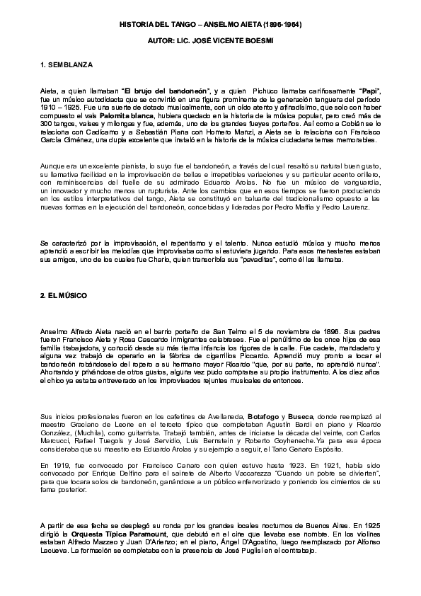 (DOC) HISTORIA DEL TANGO ANSELMO AIETA (18961964) JOSÉ VICENTE