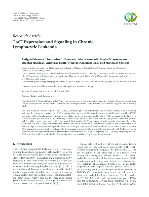 (PDF) TACI expression and signaling in chronic lymphocytic leukemia