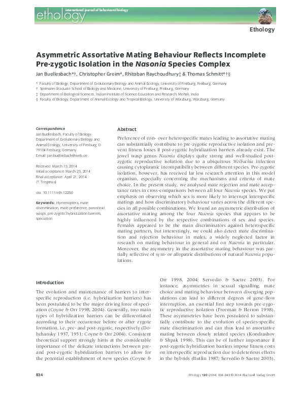 (PDF) Asymmetric Assortative Mating Behaviour Reflects Incomplete Pre ...