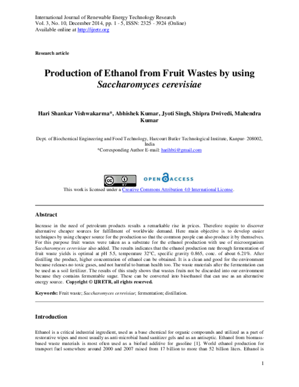(PDF) production of ethanol from fruit waste by using Saccharomyces ...