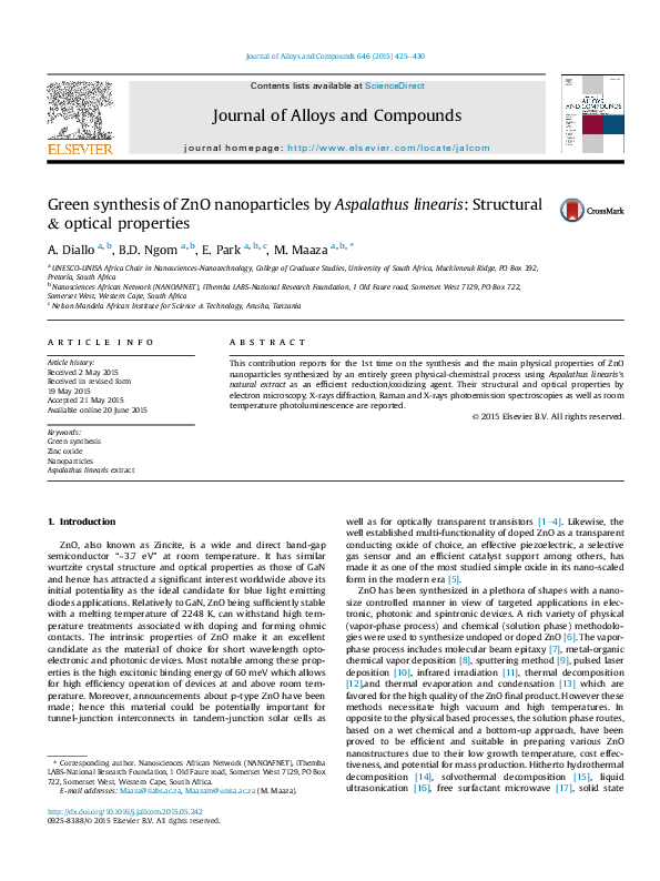 (PDF) Green synthesis of ZnO nanoparticles by Aspalathus linearis ...